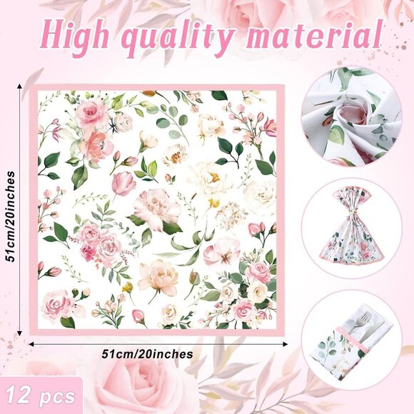 12 Pcs Floral Cloth Napkins 20'' x 20'' Washable Dinner Tea Party Napkins for Ki - Picture 3 of 6